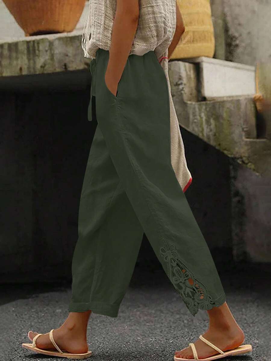 EMERY ROSE Pantalones largos de mujer de verano con cintura de cordón, unicolor y parches de encaje - Verde - Ver 1