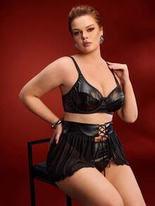 SHEIN 3pcs Women Black PU Leather & Mesh Patchwork Lingerie Set: Bra, Waist Cincher, Panty - Black - View 7