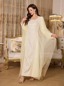 Elenzga Vestido de estilo árabe del Medio Oriente con textura de parches de malla en color amarillo mostaza para mujer - Amarillo - Ver 5