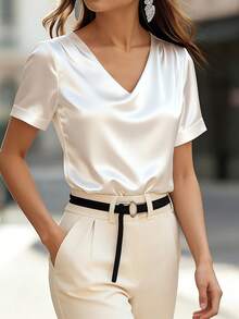 Balvessa Áo thun nữ thanh lịch, trang nhã, màu trơn, chất liệu vải pique, cổ chữ V, viền tay áo, thích hợp mặc đi làm vào mùa hè. - trắng - Xem 5