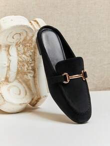 SHUZIA #奢华风女士莫卡辛缝线马衔扣绒面革黑色无后跟乐福鞋穆勒鞋——优雅易搭 - 黑色 - 查看 6