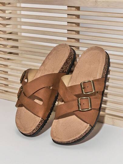 SHUZIA #ComfortCraft صنادل رجالية من الجلد الصناعي اللون البيج مع حزامين متقاطعين وبطانة من الفلين - داعمة وبسيطة وشاملة