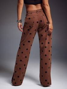 Denimoi Straight Let Button Detail Polka Dot Print Denim Jeans Fashionable Denim Brunch Outfits GNO - Brown - View 4