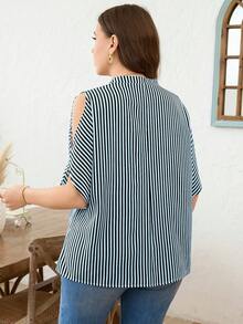 SHEIN Clasi Plus Size Striped Print Notch Collar Casual Short Sleeve Shirt - Baby Blue - View 2