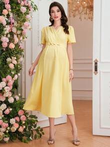 Momance-D New Maternity Dress, Woven Fabric With Ruffle Sleeves, Waist Button Decor, Drawstring Waist Design, Elegant Casual Everyday Wear - Yellow - View 8