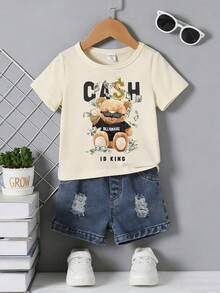 SHEIN Playful Pals 男婴两件套服装，可爱小熊印花短袖T恤搭配做旧牛仔短裤，适合夏季外出穿着。 - 彩色 - 查看 2