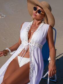 Swim Lushoire 女士夏季度假沙滩撞色蕾丝前系带雪纺和服罩衫 - 白色 - 查看 5