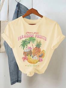 EMERY ROSE 大码夏季水果印花短袖T恤和条纹短裤度假休闲两件套女装度假套装沙滩派对服装女士夏季服装女士春季服装大码度假服装 - 彩色 - 查看 3