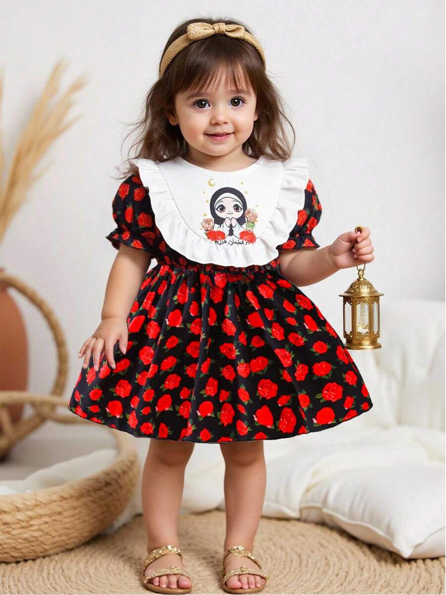 Perso Play Baby Girl Spring And Summer Black Color Princess-Sleeve Dress Color-Blocking Technique Large Ruffle Vivid Printed Patterns Baby Outfits For Girls Ootd Baby Girl Short Sleeve Dress Baby Girl Summer Dress Baby Girl Floral Print Dress Baby Girl Dress - Multicolor - View 1