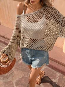 Selianne 休闲度假风派对灯笼袖亮面香槟金镂空套头毛衣（不对称肩部），春夏款 - 香檳色 - 查看 5