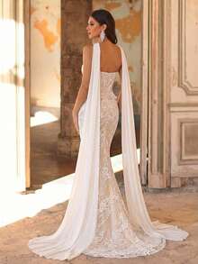 Aureia 优雅白色浪漫蕾丝抹胸，塑形贴花，3D腰部设计，鱼尾裙摆（可拆卸挂脖荷叶边），适合所有正式场合、婚礼、婚纱 - 白色 - 查看 3