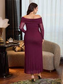 Modelyn Đầm cỡ lớn màu đỏ tía bằng vải lưới, trễ vai, xếp ly, trang trí khóa kim loại, thanh lịch, thích hợp cho đi chơi và hẹn hò. - Màu Đỏ Sâu - Xem 3