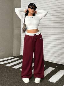 SHEIN EZwear 大码酒红色休闲宽松运动裤 - 酒紅色 - 查看 3