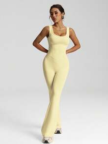 Sovereign Charm Women's Sleeveless Jumpsuit With Flared Legs, High Waist U-Neck U-Back Design, Suitable For Casual, Gym, Yoga, Running In Spring/Summer - Yellow - View 4