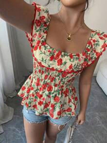 Elenzga Women's Romantic Floral Print Ruffle Collar Blouse, Spring/Summer - Multicolor - View 3