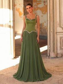 Glamrae Elegant Grayish Green Satin Chiffon Patchwork Pleated Hem Dress,Fashionable Minimalist Formal Gown For Birthday Parties,Weddings & Vacations - Green - View 4