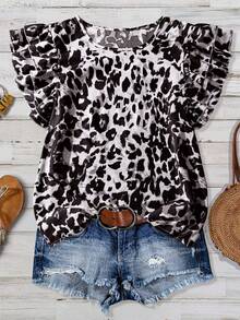 SHEIN Clasi Plus Size Summer Casual Leopard Print Ruffle Trim Round Neck Blouse - Multicolor - View 1