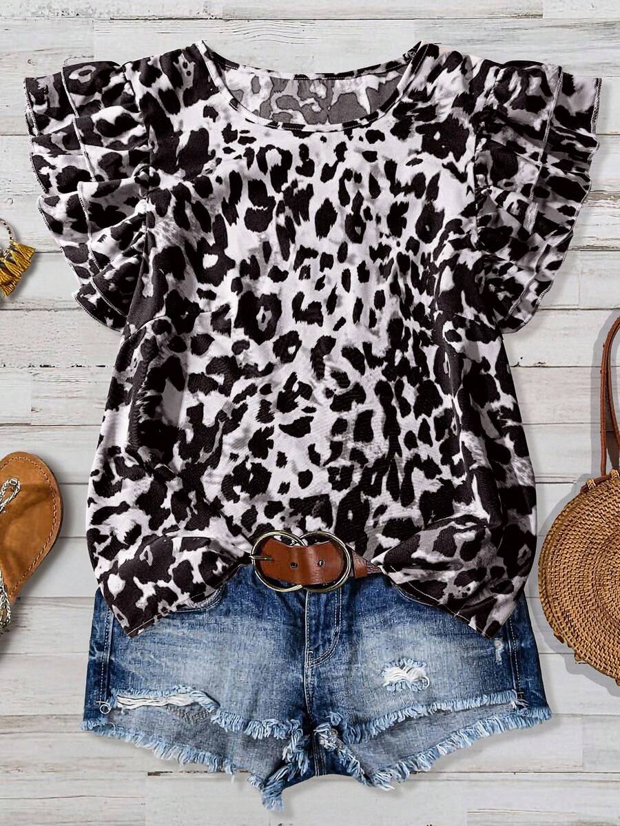 SHEIN Clasi Plus Size Summer Casual Leopard Print Ruffle Trim Round Neck Blouse - Multicolor - View 1
