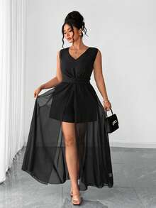 Elenzga 大码女士优雅休闲度假简约褶皱无袖腰部抽绳雪纺半透明拼接开衩下摆短裤连体裤 - 黑色 - 查看 1