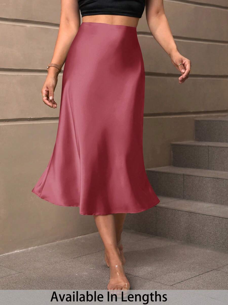 SHEIN PETITE CURVE Chân váy chữ A thanh lịch, màu trơn, cỡ lớn, phù hợp cho công sở - Gỗ đỏ - Xem 1