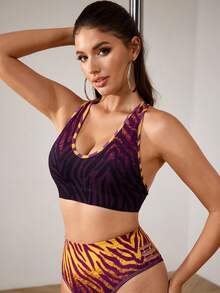 SHEIN Cheerettes Women's Patchwork Halter Neck Versatile Daily Training & Other Dance Bra Top - Purple - View 4