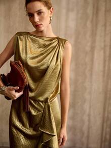 MOTF PREMIUM Đầm satin không tay bất đối xứng, thanh lịch, thích hợp cho tiệc tùng, phong cách cổ điển, mùa xuân/hè. - Màu xanh Ô liu - Xem 6