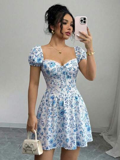 Elenzga Women's Ditsy Floral Lace Patchwork Elastic Back Vacation & Everyday Fashion Dress, Spring/Summer