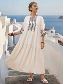 Parysyn 大码梭织休闲夏季女式连衣裙 - 杏色 - 查看 4