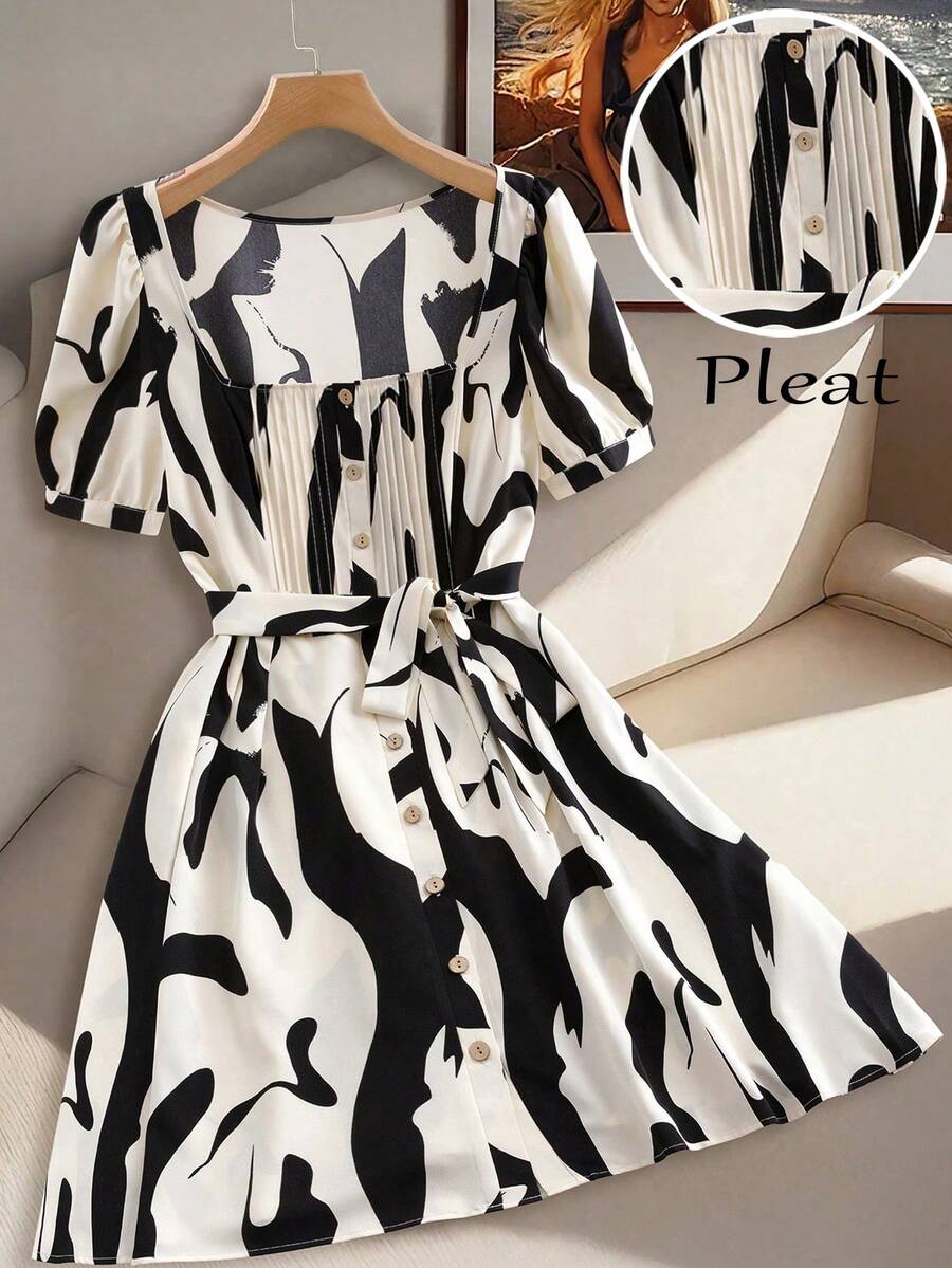GlowEve CURVE Plus Size Black And White Random Print A Line Dress With Square Neck Half Puff Sleeve And Ruffle Hem - Black and White - View 1