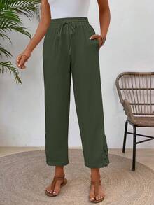 EMERY ROSE Pantalones largos de mujer de verano con cintura de cordón, unicolor y parches de encaje - Verde - Ver 5