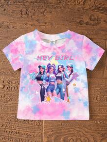 1 Set Young Girls Casual Cute Cartoon K-POP Girl Tie-Dye Print Short Sleeve Crew Neck T-Shirt And Shorts Set, Suitable For Outdoor Wear In Summer - Multicolor - View 7