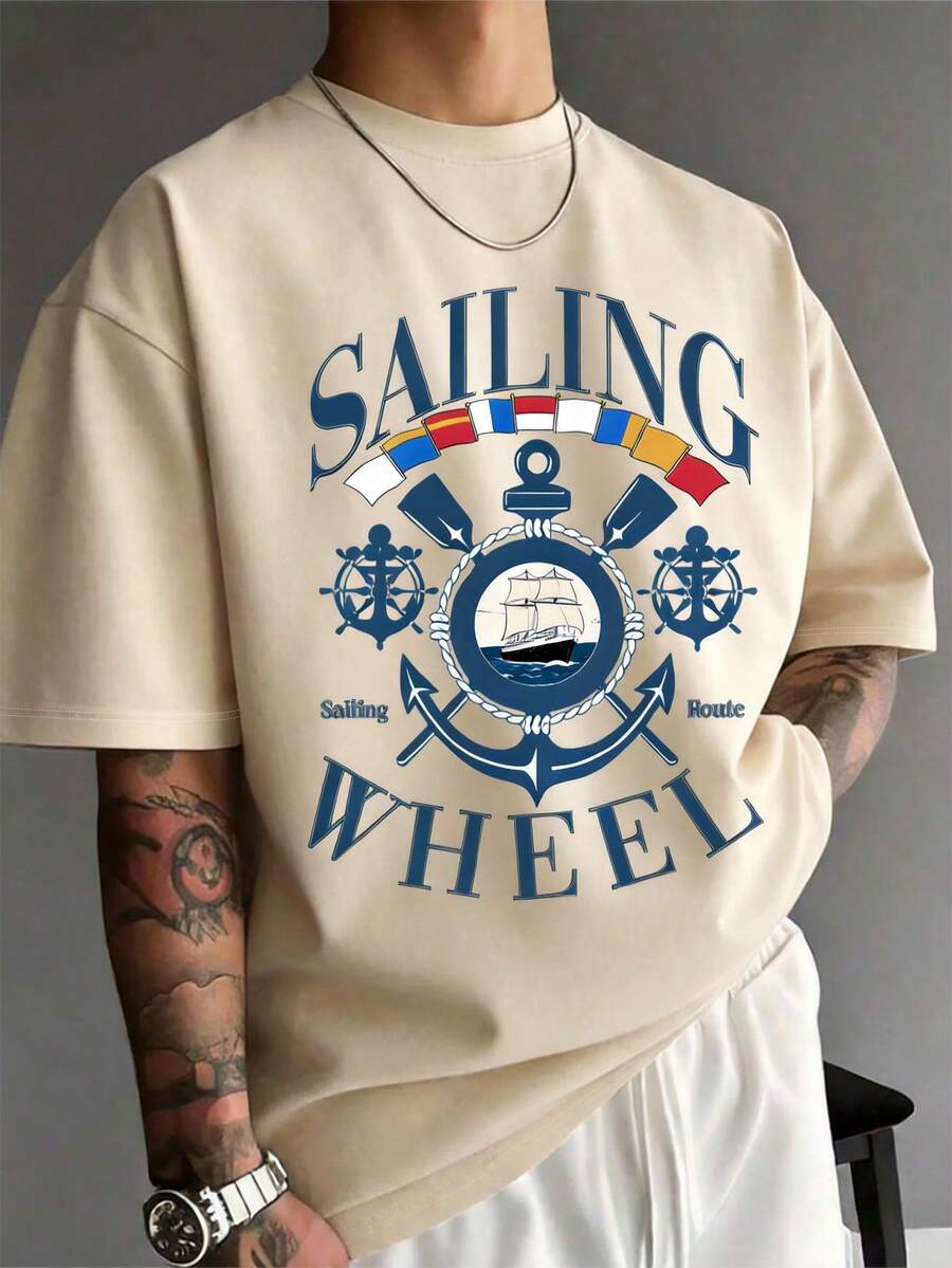 Manfinity LEGND 男士白色圆领短袖T恤，意大利元素印花，针织款式 - 卡其色 - 查看 1