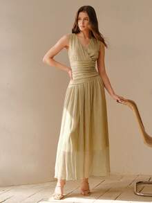 MOTF PREMIUM VESTIDO DE VERANO FRANCÉS ROMÁNTICO DE CUELLO EN V DE unicolor, ELEGANTE, CON CINTURA FRUNCIDA, AJUSTADO Y ESTILIZADO PARA MUJERES - Dorado - Ver 8