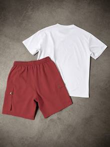 Manfinity Homme Men's Contrast Color Round Neck Drop Shoulder Short Sleeve Casual Loose T-Shirt Set Red And White Shorts Sets For Men Men Color Block Sets - Multicolor - View 2