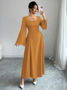 Yasmyna 女士编织紫色系带腰荷叶袖阿拉伯风格连衣裙 - 珊瑚橙 - 查看 4