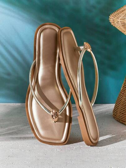 SHUZIA #QuietLuxury Women's Square Toe Gold-Accent Minimalist Rolled-Edge Soft-Cushion Metallic Pu Gold Flip-Flops – Refined, Clean & Effortlessly Chic