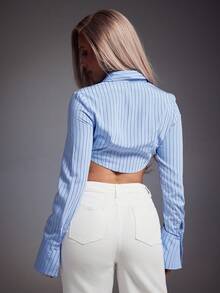 Denimoi Rhinestone Trim Cropped Collared Stripe Top Long Sleeve Crop Striped Shirt Fashionable Tops - Blue - View 5