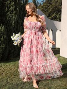 SHEIN Clasi 大码优雅印花网纱拼接方领蛋糕裙，适合婚礼宾客、下午茶、毕业派对、鸡尾酒会等场合。 - 彩色 - 查看 4