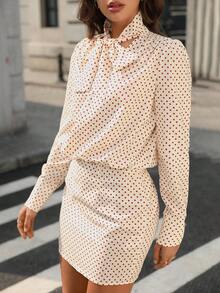 Pariaura 法式波点女装连衣裙，米色波点修身迷你连衣裙，系带设计，复古时尚自然法式优雅成熟风，春夏款 - 杏色 - 查看 3