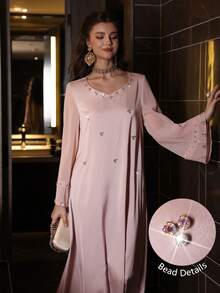 Al Najma Elegant Hjärtformad Klänning med Nitar och Pärlor, Utsvängda Ärmar, Vår/Sommar - Dammrosa - Visa 5