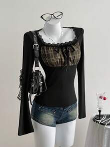 Sweetra 法国复古格子撞色蕾丝边方领长袖秋冬汗衫，甜美辣味设计，修身女式T恤 - 黑色 - 查看 5