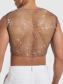 WENEZON Men's Black V-Neck Fishnet Sleeveless Top With Rhinestone Decor Rhinestone Mesh Top Men - Black - View 2
