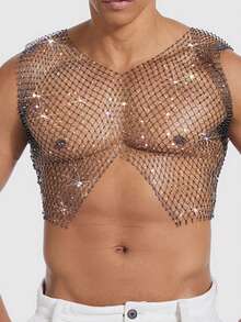 WENEZON Men's Black V-Neck Fishnet Sleeveless Top With Rhinestone Decor Rhinestone Mesh Top Men - Black - View 3