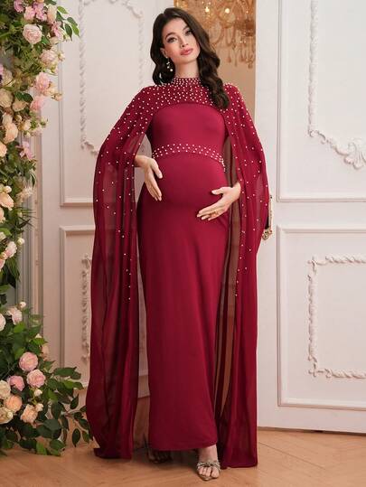 SHEIN Solid Color Beaded Long Shawl Elegant Maternity Dress
