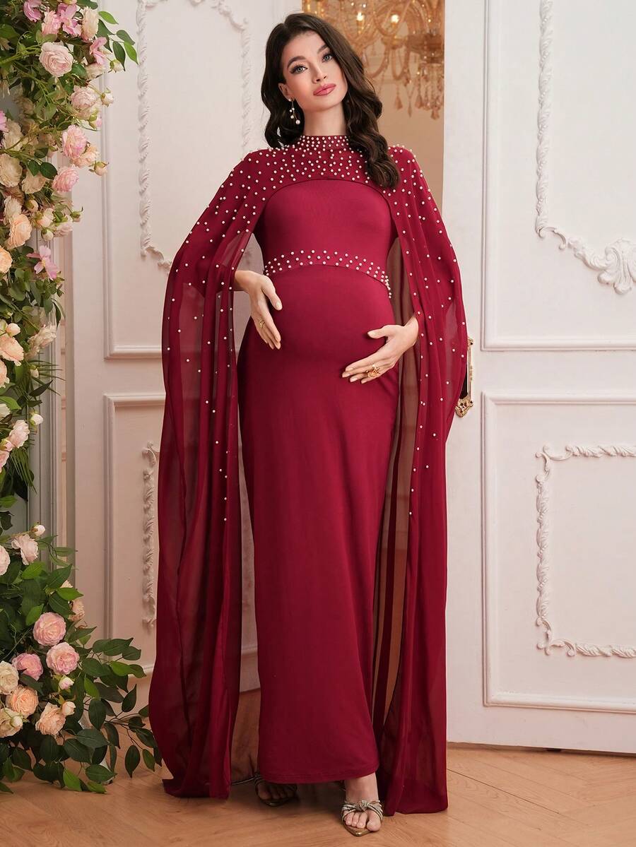 SHEIN Solid Color Beaded Long Shawl Elegant Maternity Dress - Red - View 1