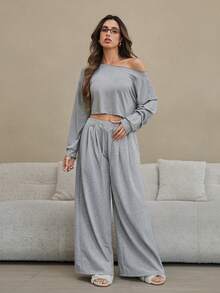 SHEIN 女士休闲纯色抽绳腰宽松阔腿家居裤 - 淺灰色 - 查看 6