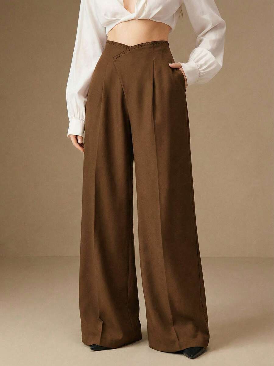 Anewsta High Waist Flared Leg Casual & Work Pants - Brown - View 1