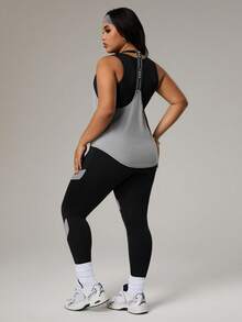 Rhythm Era Plus Size Women 3pcs Set: Solid Color Round Neck Tank Top + Letter Print Tank Top + Colorblock Leggings Sports Suit - Multicolor - View 8