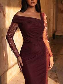 Glamrae Elegant Luxurious Pearl & Rhinestone Mesh Splice Ruched Fishtail Dress, Suitable For Weddings, Parties, Vacations, Galas, Evening Formal Occasions - Burgundy - View 7