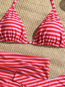 Swim Mod 3pcs/Set Striped Print Spaghetti Strap Backless Beachwear Bikini Set - Pink - View 5